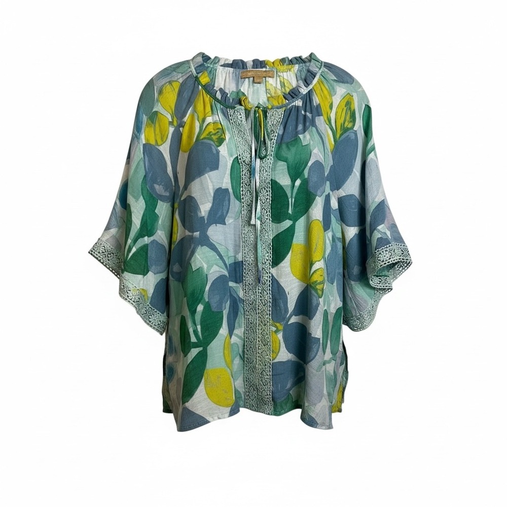 HOPE & HARLOW Boho Sz  L Blouse Top Floral Print‎ Blue Green Yellow Lace Trim